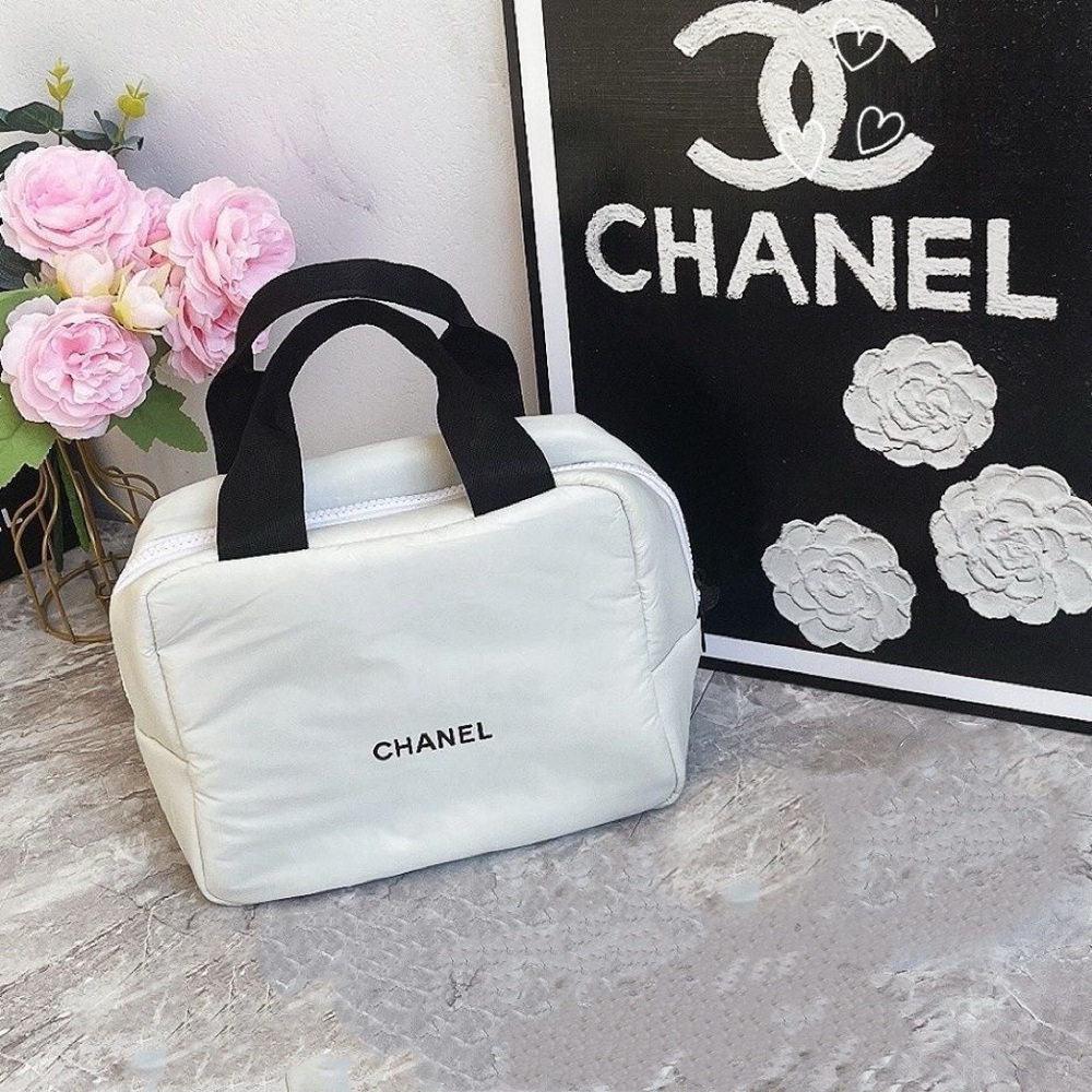 CHANEL Mini Boston White Cosmetic Pouch Makeup Storage Travel Bag